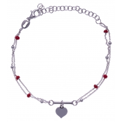 Bracelet argent rhodié 2,8g - 2 fils - cúurs - perles rouges - 16+4cm