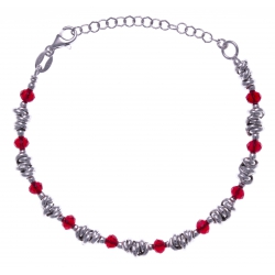 Bracelet argent rhodié 5,8g - perles rouges facettées - 16+4cm