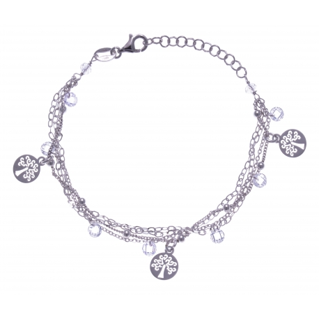 Bracelet argent rhodié 3,8g - multi-fils - pastilles arbre de vie - perles trans