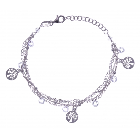 Bracelet argent rhodié 3,8g - multi-fils - pastilles arbre de vie - perles trans