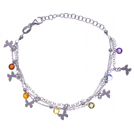 Bracelet argent rhodié 4,2g - multi-fils - pastilles papillons - perles multicol