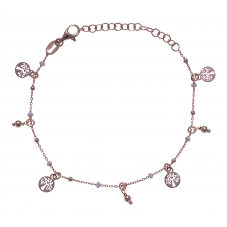 Bracelet argent rosé 2,5g - breloques arbres de vie et gouttes - perles blanches