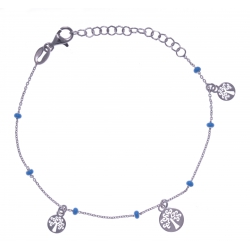 Bracelet argent rhodié 1,9g - breloques arbres de vie - perles bleues - 16+4cm