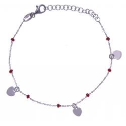 Bracelet argent rhodié 2g - breloques cúurs - perles rouges - 16+4cm