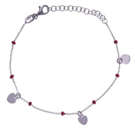 Bracelet argent rhodié 2g - breloques cúurs - perles rouges - 16+4cm