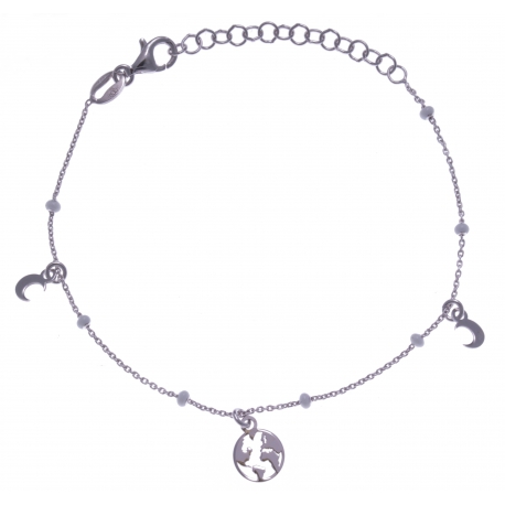 Bracelet argent rhodié 1,8g - breloques lune + planète - perles blanches - 16+4c