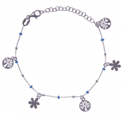Bracelet argent rhodié 2,5g - breloques arbres de vie et fleurs - perles bleues