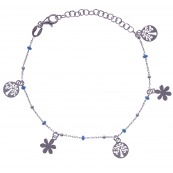 Bracelet argent rhodié 2,5g - breloques arbres de vie et fleurs - perles bleues