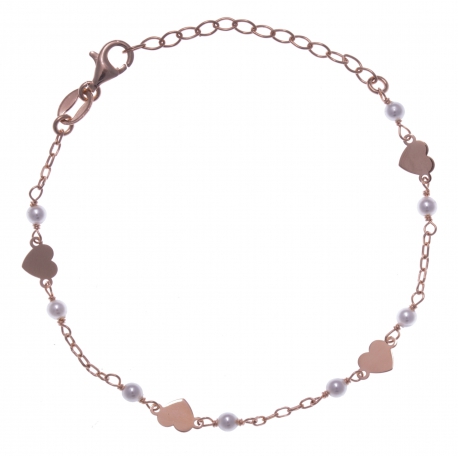 Bracelet argent rosé 1,9g - coeurs - perles blanches - 16+4cm
