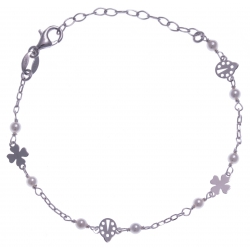 Bracelet argent rhodié 1,8g - coccinelle + fleurs - perles blanches - 16+4cm