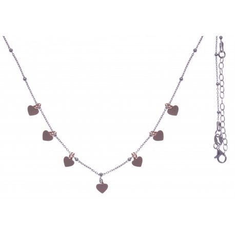 Collier argent rhodié 3,6g - pampilles cúurs - 2 tons - 40+5cm