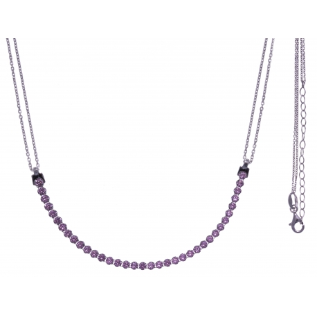 Collier argent rhodié 4g - petite rivière cristaux de swarovski - couleur : rose