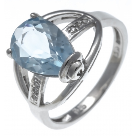 Bague en argent rhodié 3,4g - poire 8*12mm - topaze bleue - topaze blanche - Tai