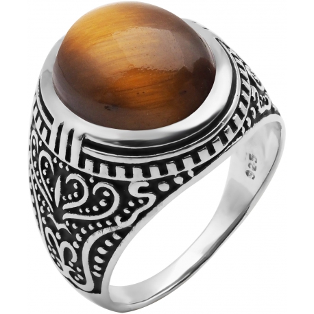 Bague en argent rhodié 8g - 2 tons - œil de tigre - T 56 à 70