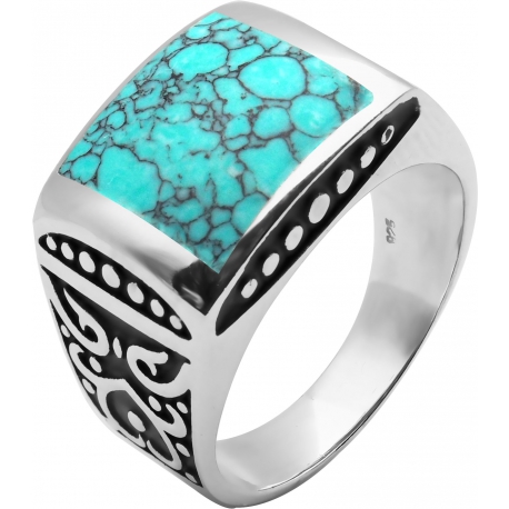 Bague en argent rhodié 7,6g - 2 tons - imitation turquoise - T 56 à 70