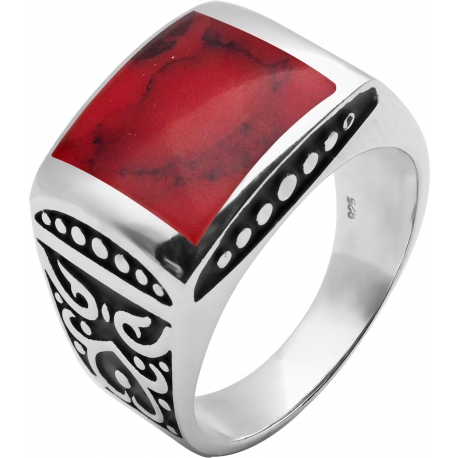 Bague en argent rhodié 7,6g - 2 tons - imitation jaspe rouge - T 56 à 70