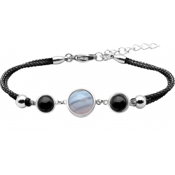 Bracelet en acier et coton noir - cabochon onyx  -  agate blue lace - onyx -  diamètre 8, 11 et 8mm - 16+4cm