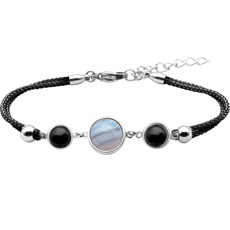 Bracelet en acier et coton noir - cabochon onyx  -  agate blue lace - onyx -  diamètre 8, 11 et 8mm - 16+4cm