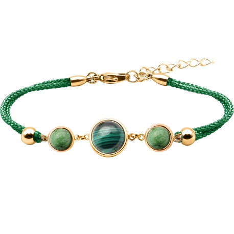 Bracelet en acier doré et coton vert - cabochon zoïsite  -  malachite - zoïsite -  diamètre 8, 11 et 8mm - 16+4cm