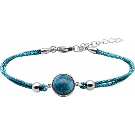 Bracelet en acier et coton bleu - cabochon apatite - 11mm - 16+4cm