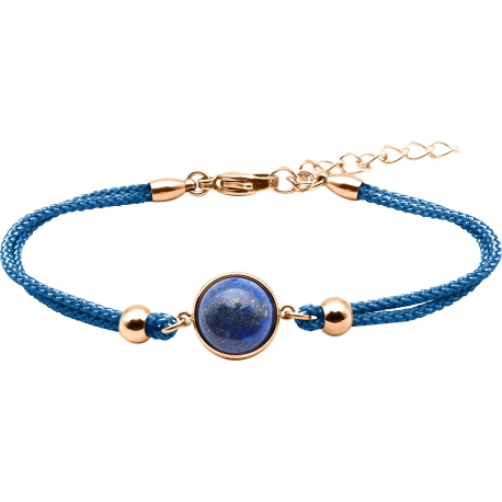 Bracelet en acier rosé et coton bleu foncé - cabochon lapis  - 11mm - 16+4cm