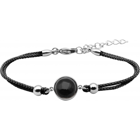 Bracelet en acier et coton noir - cabochon onyx  - 11mm - 16+4cm