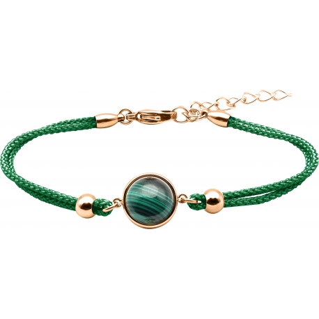 Bracelet en acier rosé et coton vert - cabochon malachite  - 11mm - 16+4cm