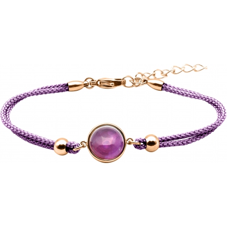 Bracelet en acier rosé et coton violet - cabochon améthyste  - 11mm - 16+4cm