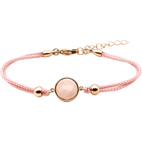 Bracelet en acier rosé et coton rose - cabochon quartz rose  - 11mm - 16+4cm
