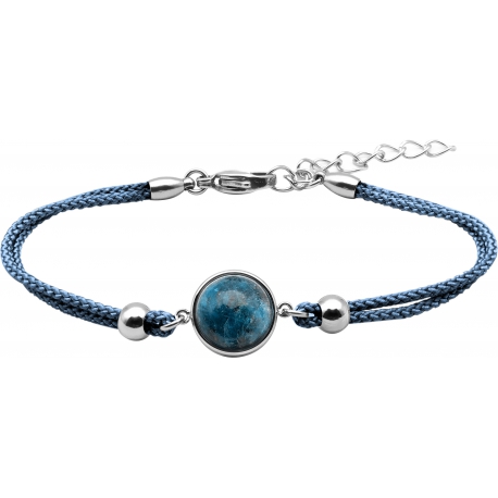 Bracelet en acier et coton bleu - cabochon chrysocolle  - 11mm - 16+4cm