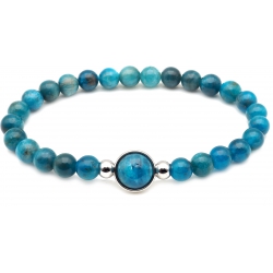 Bracelet élastique - billes apatite 6mm - cabochon acier et apatite 11mm - 18cm