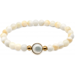 Bracelet élastique - billes nacre blanche 6mm - cabochon acier doré et nacre blanche 11mm - 18cm