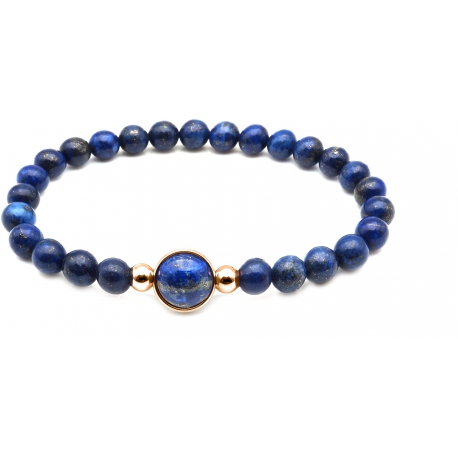 Bracelet élastique - billes lapis 6mm - cabochon acier rosé et lapis 11mm - 18cm