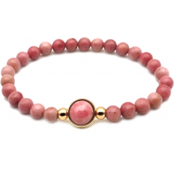 Bracelet élastique - billes rhodonite 6mm - cabochon acier doré et rhodonite 11mm - 18cm