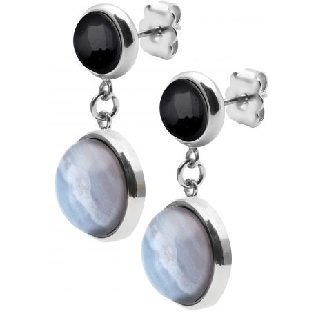 Boucles d'oreille en acier  - cabochon agate blue lace et onyx - diamètre 11 et 8mm