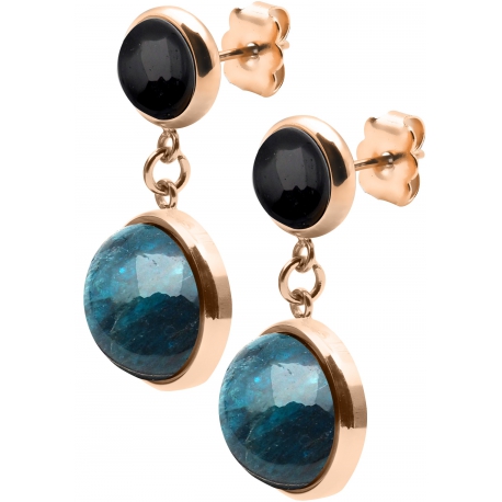 Boucles d'oreille en acier rosé - cabochon onyx  -  apatite - diamètre 11 et 8mm