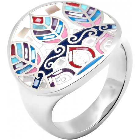 Bague en acier - feuilles bleues - rose - nacre - émail - T52 à T62