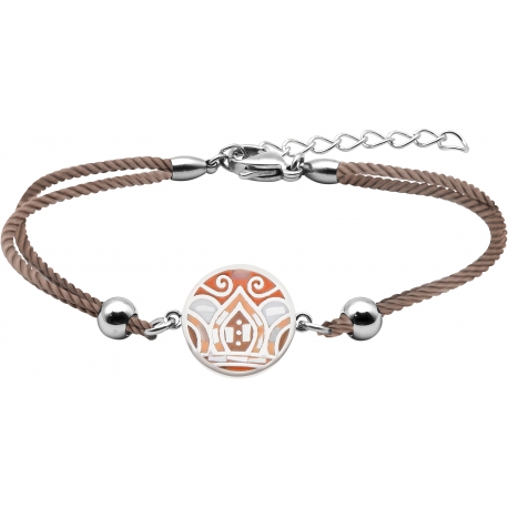 Bracelet acier - nacre - émail - feuilles orangées - coton marron - 16+4cm