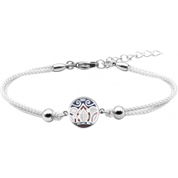 Bracelet acier - nacre - émail - feuilles bleues - rose - coton blanc - 16+4cm