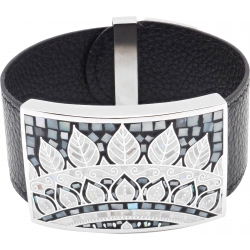 Bracelet acier - émail - nacre - feuilles noires & blanches - cuir noir - largeur 3cm - longueur 23,5cm