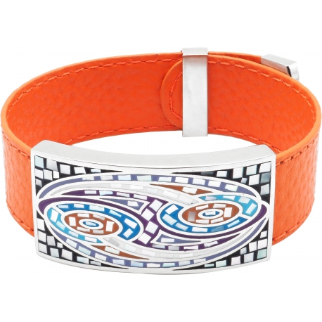 Bracelet acier - émail - nacre - cuir orange - largeur 2cm - longueur 23,5cm