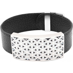 Bracelet acier - émail - nacre - fleur de vie - cuir noir - largeur 2cm - longueur 23,5cm