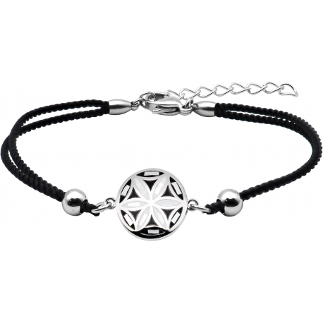 Bracelet acier - nacre - émail - fleur de vie - coton noir - 16+4cm
