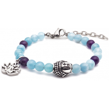 Bracelet STILIVITA en acier - Collection équilibre - PLENITUDE - aigue marine - améthyste - bouddha en acier - fleur de tous …