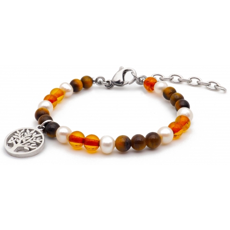 Bracelet STILIVITA en acier - Collection équilibre - PROTECTION - perle - œil de tigre - ambre - arbre de vie  - 17+4cm