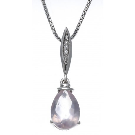 Collier argent rhodié 4g - poire 8*12mm - quartz rose - topaze blanche - 40+5cm