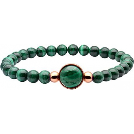 Bracelet élastique - billes malachite 6mm - cabochon acier rosé et malachite 11m