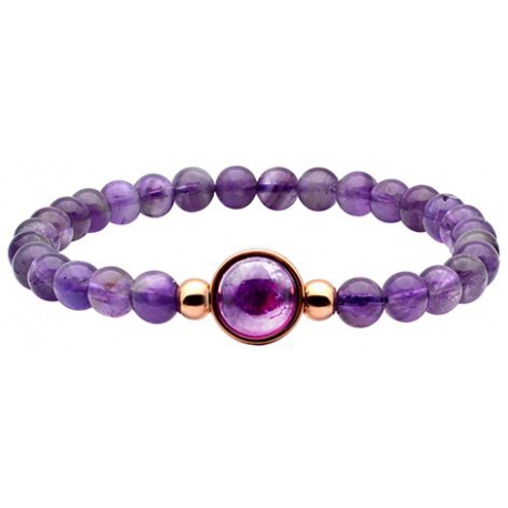 Bracelet élastique - billes améthyste 6mm - cabochon acier rosé et améthyste 11m