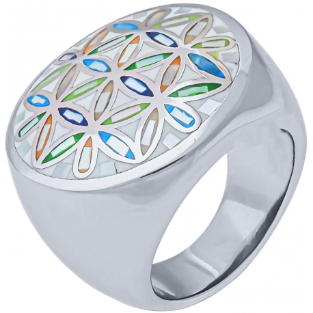 Bague en acier - nacre - émail - fleur de vie - T52 à T62