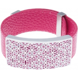 Bracelet acier - émail - nacre - fleur de vie - cuir rose - largeur 2cm - longueur 23,5cm